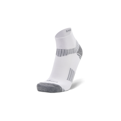 Balega Enduro quarter socks in white with V-Tech arch support and Drynamix moisture-wicking technology