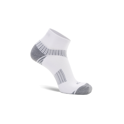 Balega enduro quarter socks white side view with ankle coverage and structured fit engineering