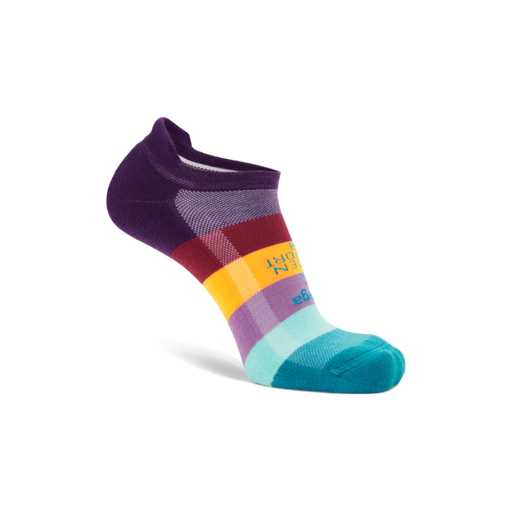 Balega Hidden Comfort running socks purple aqua side profile with high heel tab and no show design