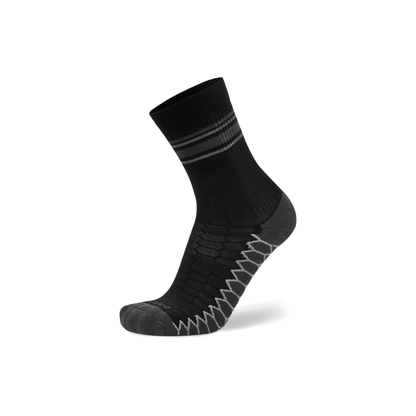 Balega Silver mini crew running socks black side profile with mesh rib top and protective cushioning
