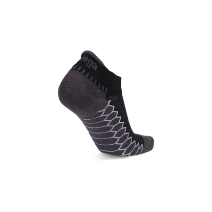 Balega Silver no show running socks black showing high tab heel and extra-deep heel pocket construction