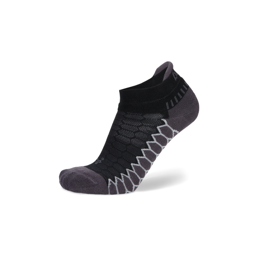 Balega Silver no show running socks black side profile with seamless toe and compression-fit contours