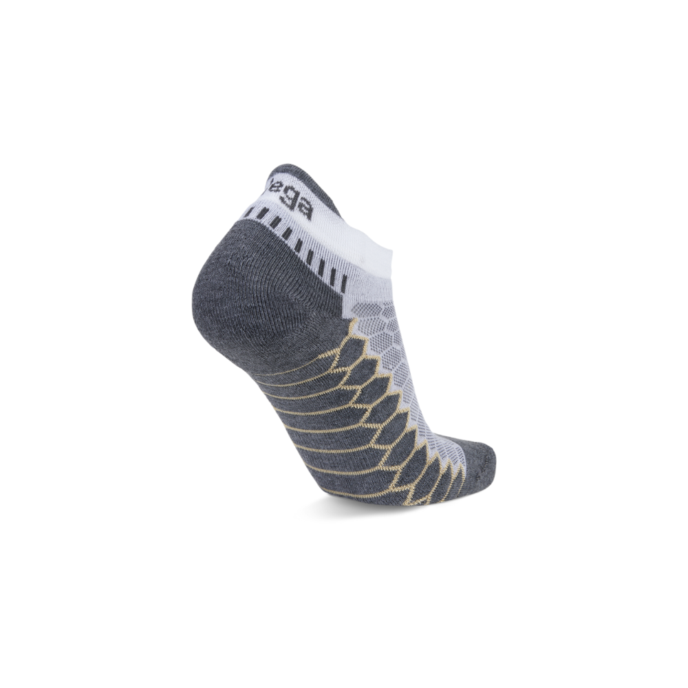 Balega Silver no show running socks white grey showing high tab heel and extra-deep heel pocket construction