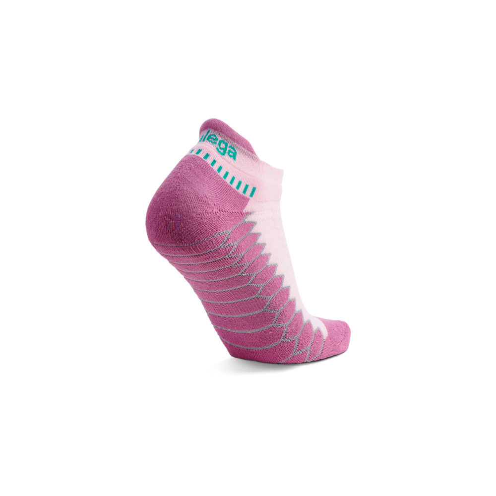 Balega Silver no show women's running socks pink showing high tab heel and extra-deep heel pocket construction