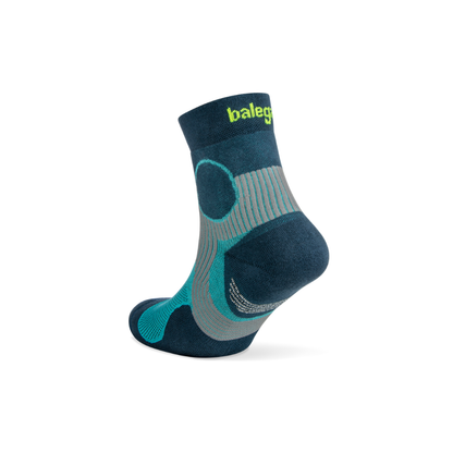 Balega Support running socks blue showing oval ankle protection pads and left/right foot construction