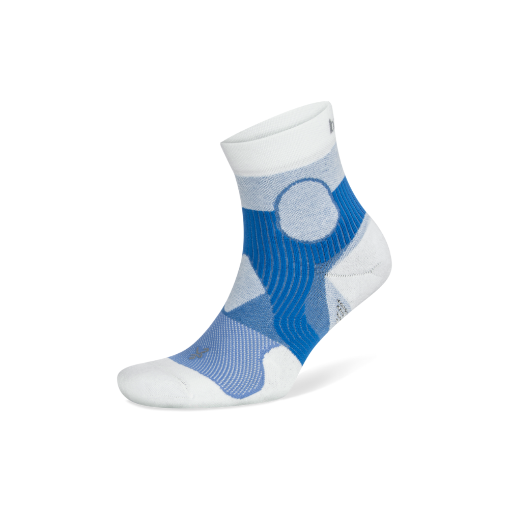 Balega Support running socks blue white side profile with high heel tab and engineered ankle support design