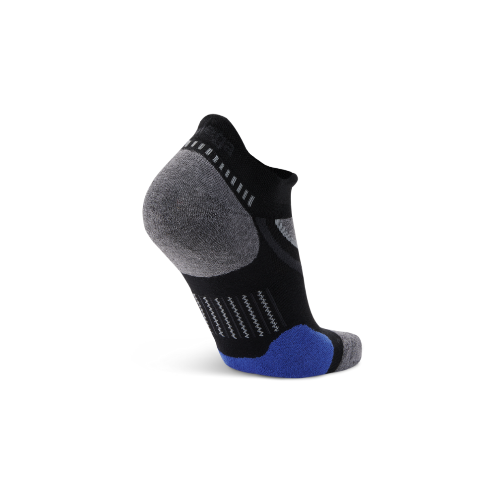 Balega Ultraglide running socks black showing heel tab and anatomically-shaped left/right construction