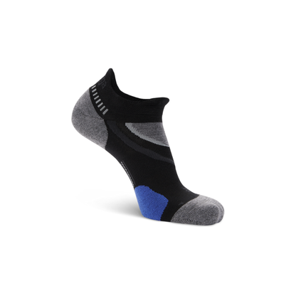 Balega Ultraglide running socks black side profile with seamless toe and cushioned V design for lace pressure relief