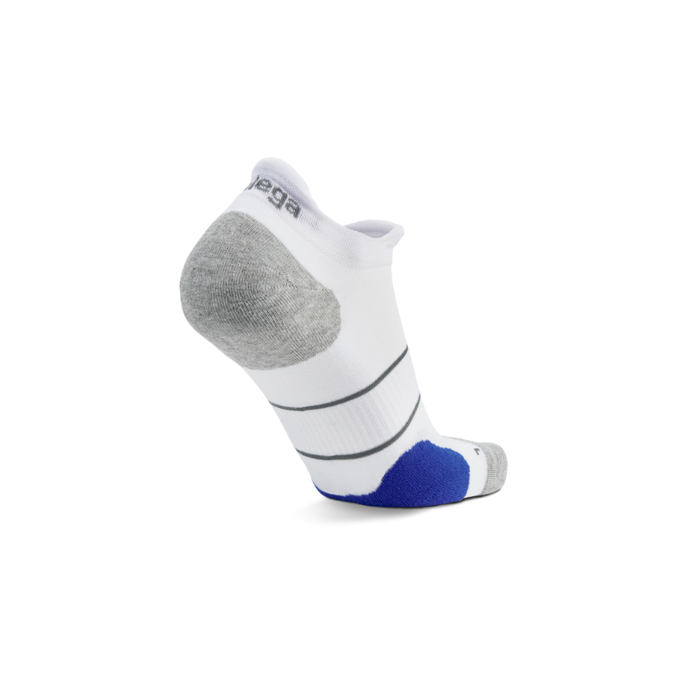 Balega Ultraglide running socks white showing heel tab and anatomically-shaped left/right construction