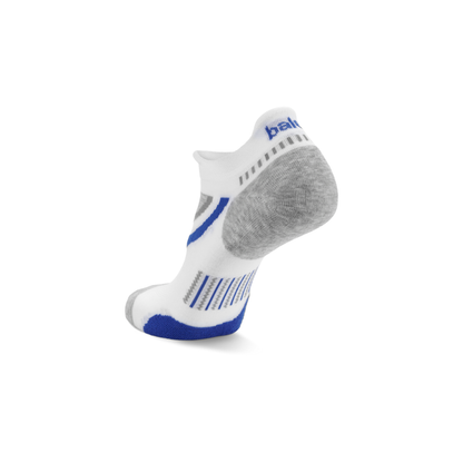 Balega Ultraglide running socks white grey showing heel tab and anatomically-shaped left/right construction