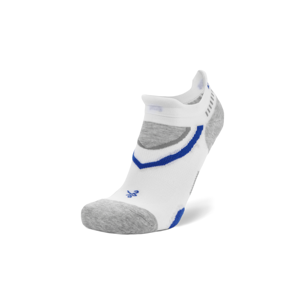 Balega Ultraglide running socks white grey showing heel tab and anatomically-shaped left/right construction