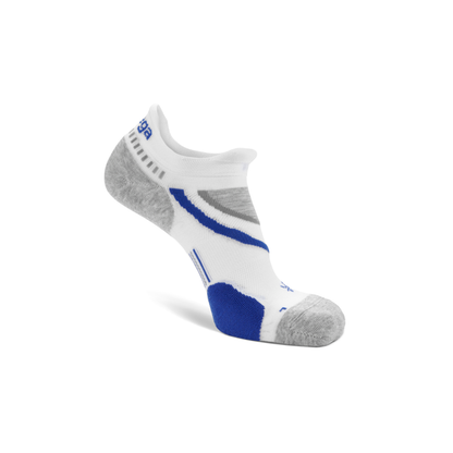Balega Ultraglide running socks white grey side profile with seamless toe and cushioned V design for lace pressure relief