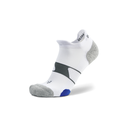 Balega Ultraglide running socks white side profile with seamless toe and cushioned V design for lace pressure relief