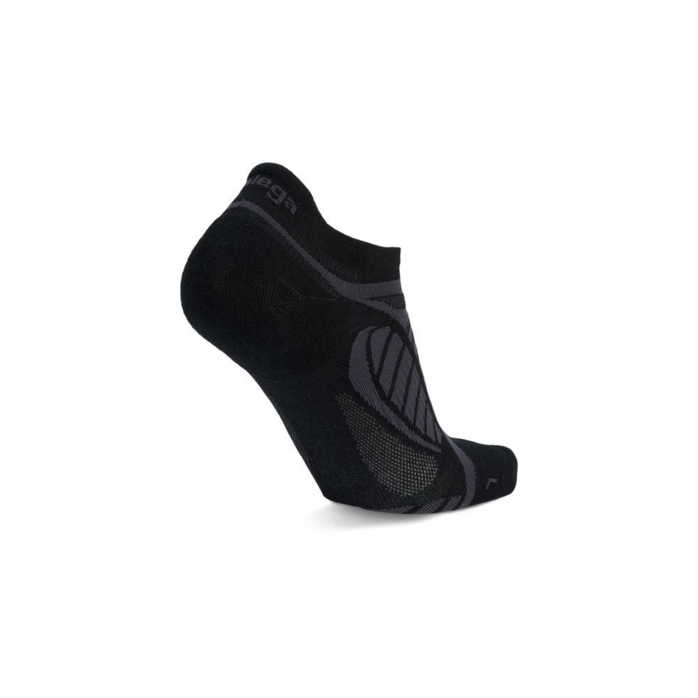 Balega Ultralight running socks black showing Triple-Y deep heel pocket and left/right specific construction
