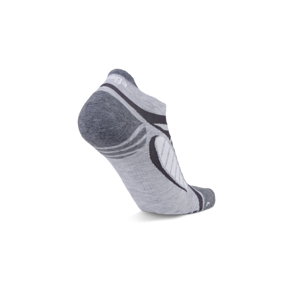 Balega Ultralight running socks grey white showing Triple-Y deep heel pocket and left/right specific construction