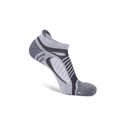 Balega Ultralight running socks grey white side profile with reinforced heel and toe and no show silhouette
