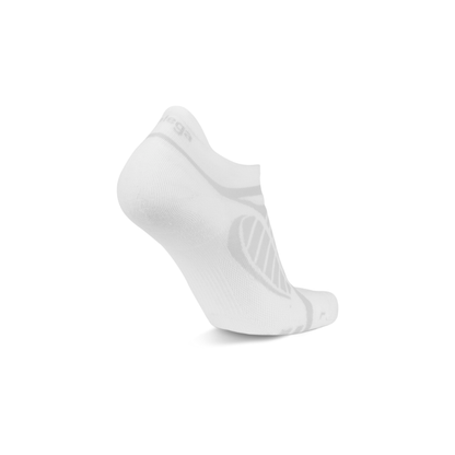 Balega Ultralight running socks white showing Triple-Y deep heel pocket and left/right specific construction