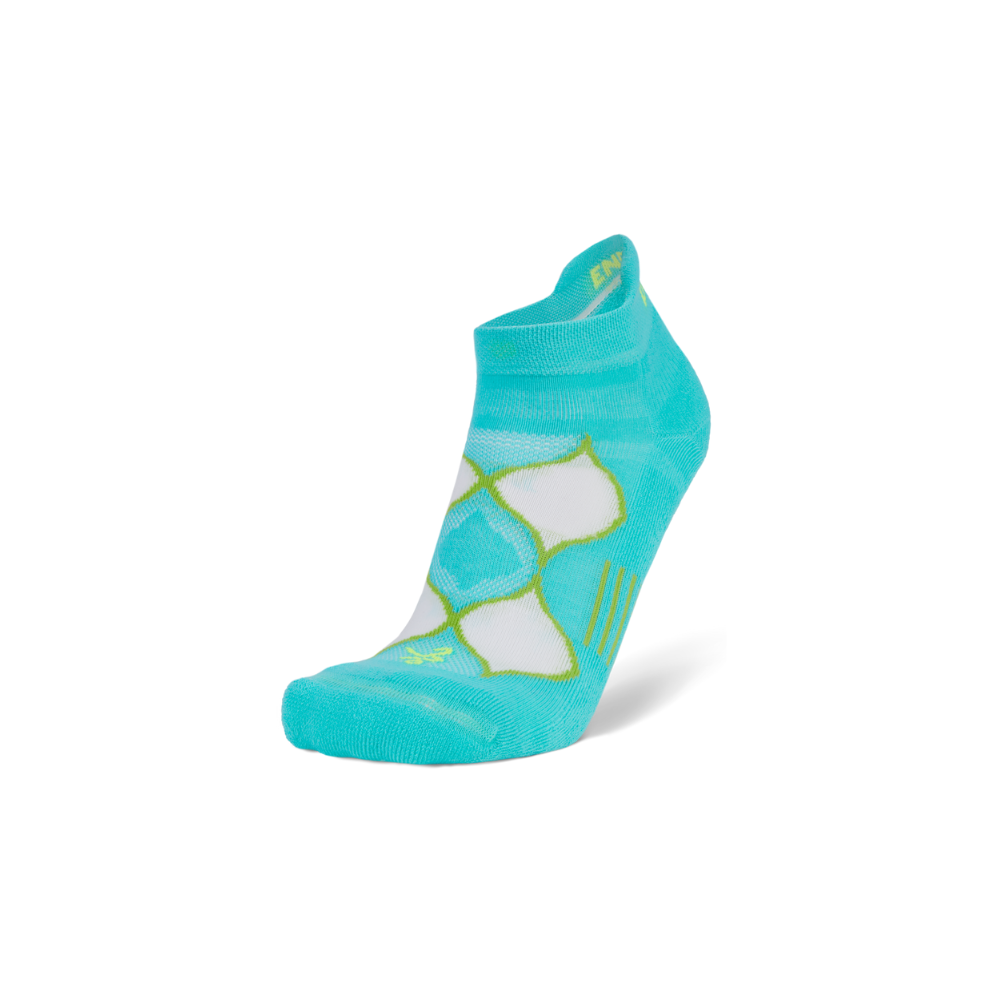 Balega women's Enduro running socks in turquoise and lime with V-Tech arch support and Drynamix moisture-wicking